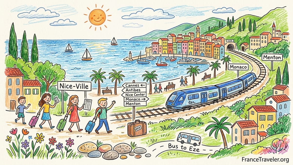 Early evening view over a French Riviera bay with promenade, beach and coastal train.