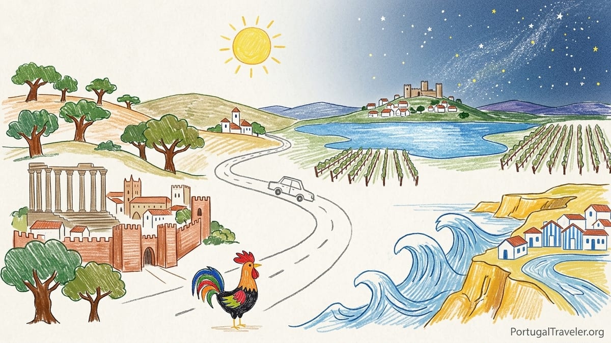 Sunrise over Alentejo plains with a village, vineyards and distant lake.
