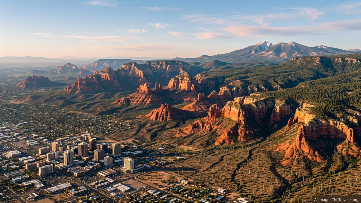 Panoramic sunrise view from Phoenix desert to Sedona red rocks and Flagstaff pines.