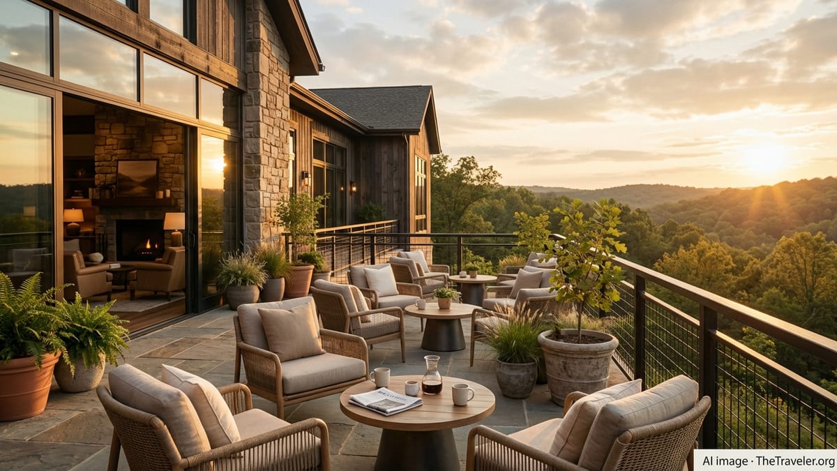 Hotel terrace in Arkansas overlooking forested hills at sunset
