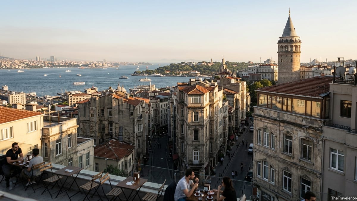 Golden hour view over Beyoğlu from Galata, with Galata Tower, Karaköy waterfront and Bosphorus in the distance.