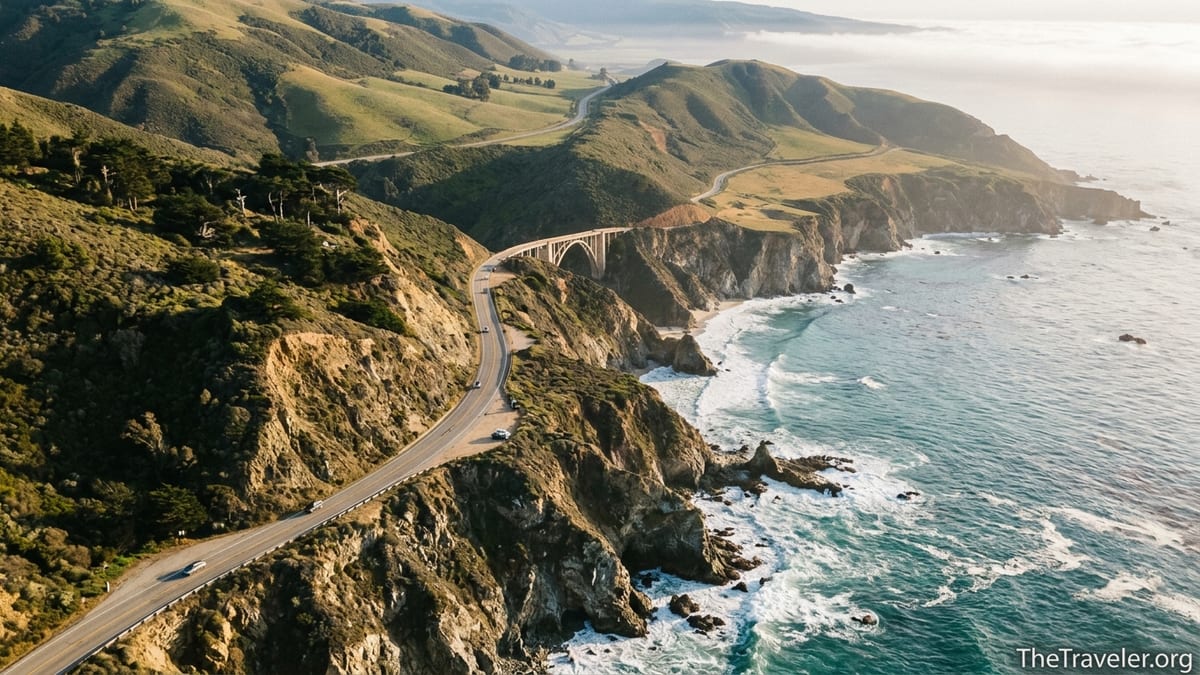 Aerial view of California’s Highway 1 curving along cliffs above the Pacific Ocean at sunset.