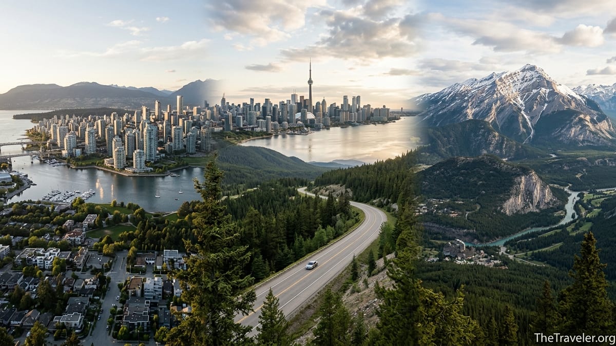 Aerial view of Canadian city skylines and Rocky Mountains linked by a highway at golden hour.