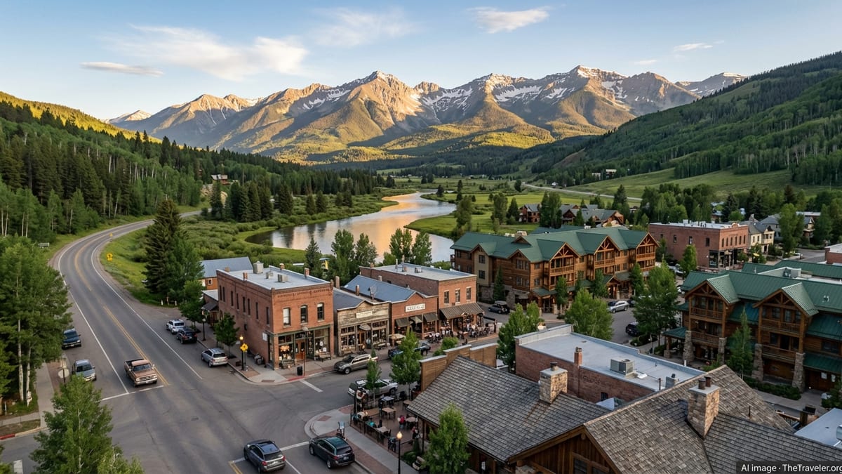 Colorado mountain town in a valley beneath snow-capped peaks at golden hour.