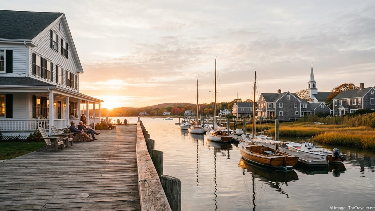 Coastal Connecticut harbor at sunset with a historic inn and sailboats on calm water.