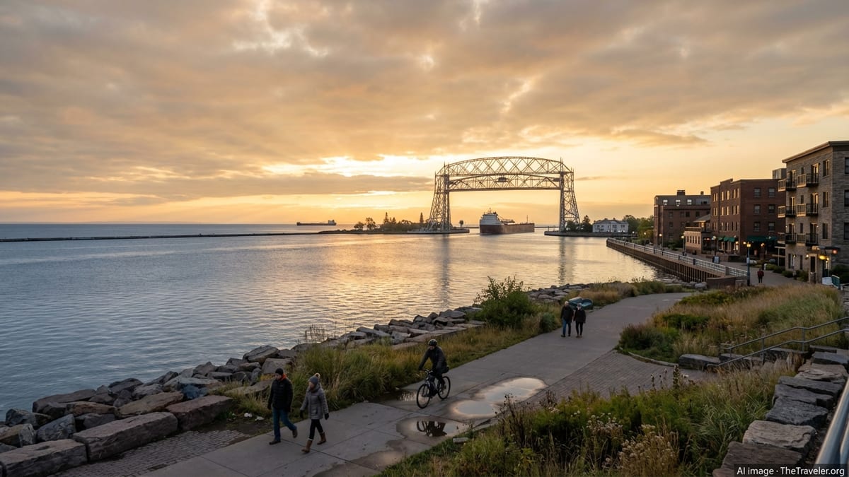 Sunrise over Duluth’s Canal Park waterfront with the Aerial Lift Bridge and Lakewalk.