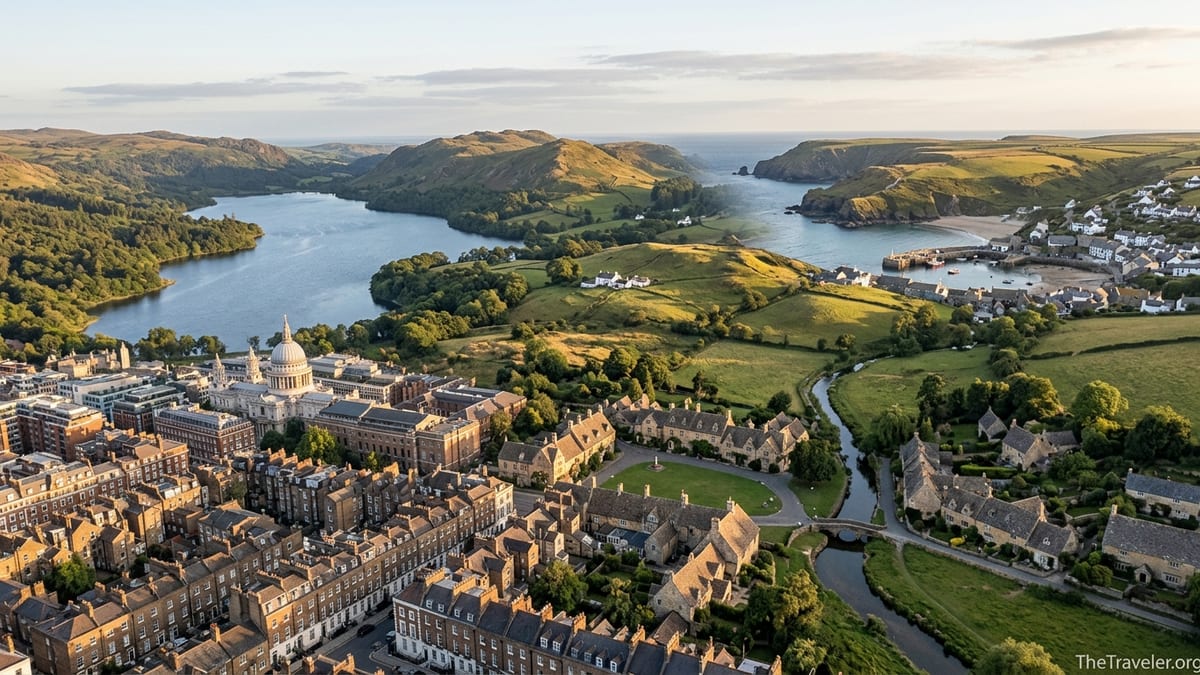 Aerial view of English city streets, green hills, lakes and Cornish coast at golden hour.