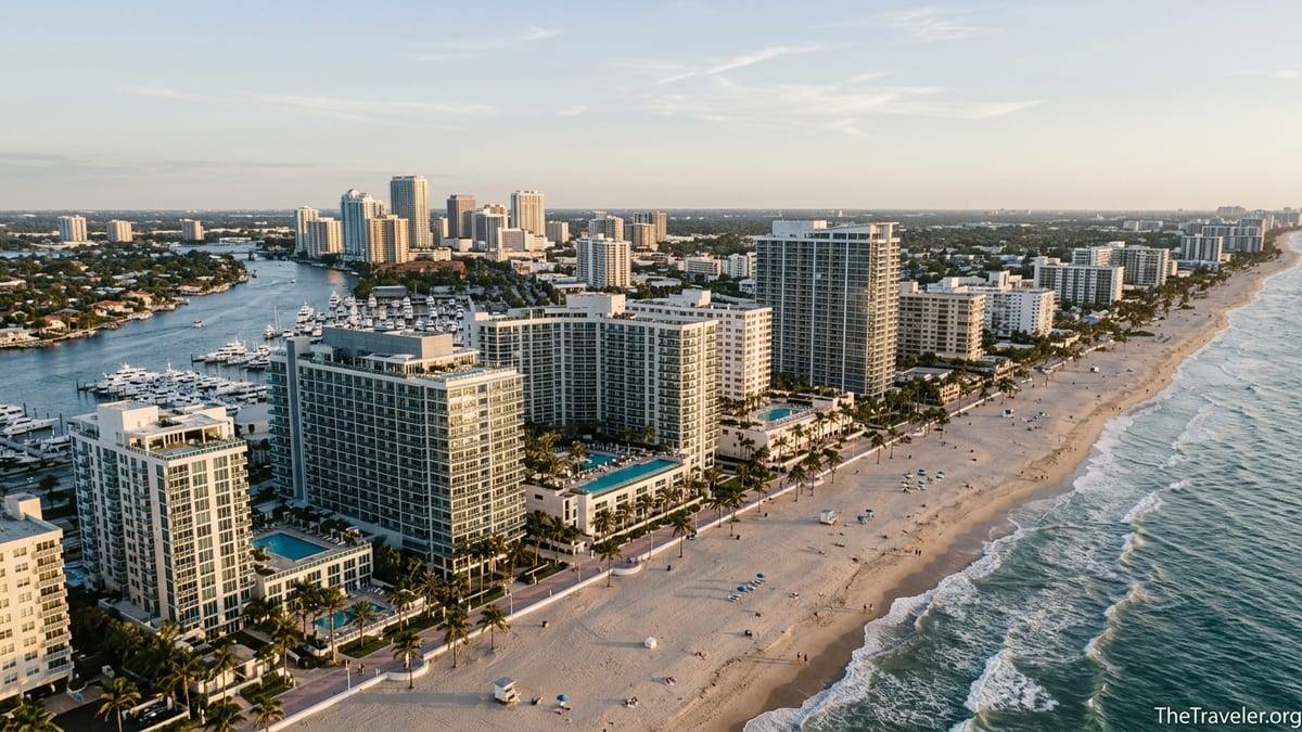 Aerial view of Fort Lauderdale Beach hotels, Intracoastal Waterway and downtown at golden hour.