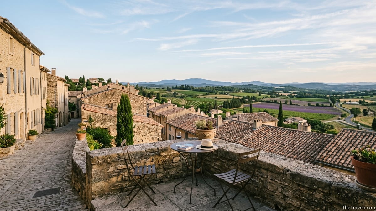 View from a Provençal hilltop village terrace over rooftops, vineyards and distant hills in soft afternoon light.