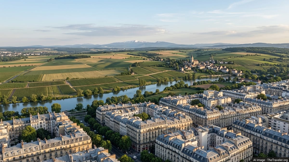 Aerial view of Paris rooftops fading into French countryside of vineyards and hills.