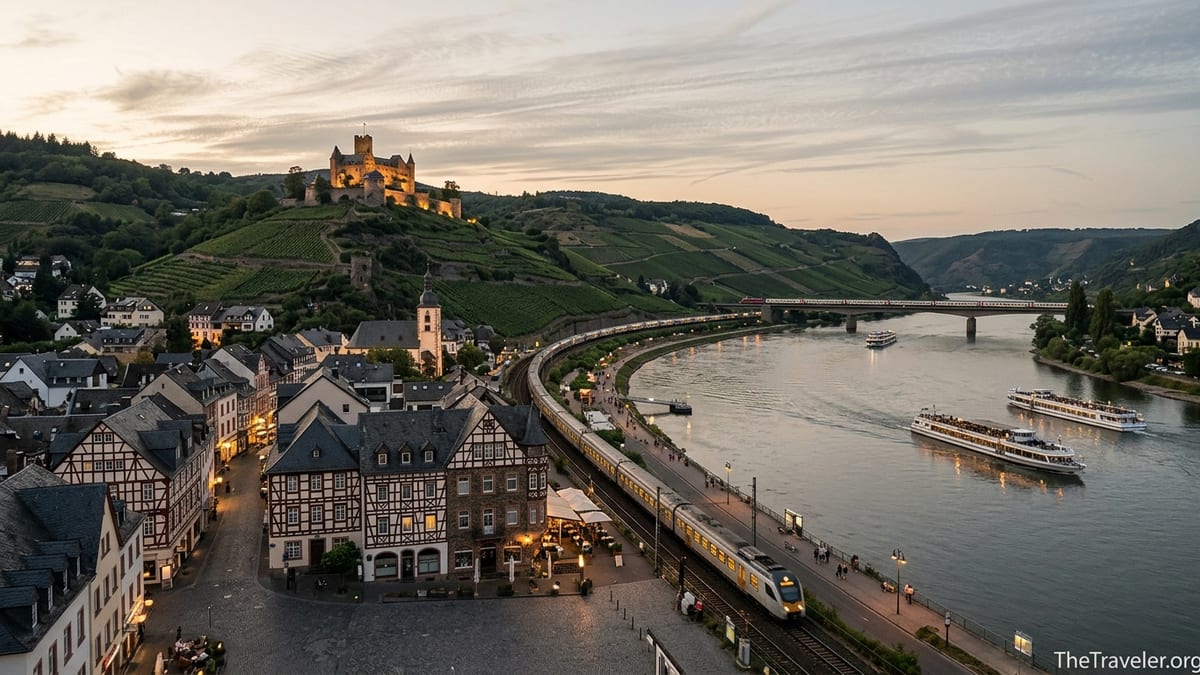 German Rhine Valley town at sunset with castle, vineyards and passing train