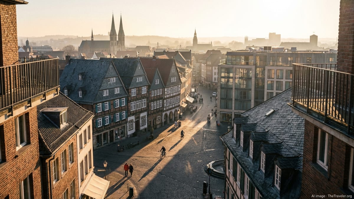 Sunrise over a German city square with mixed historic and modern hotels.
