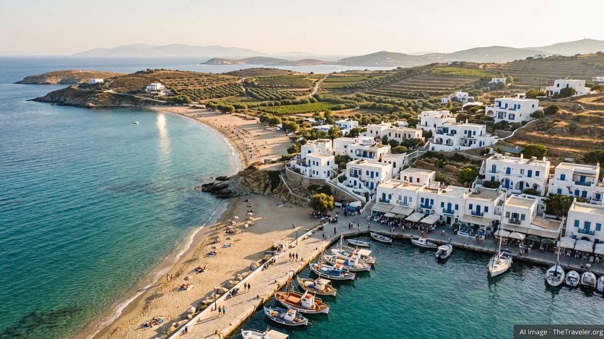 Aerial view of a Greek island village by a golden beach and turquoise sea at sunset.