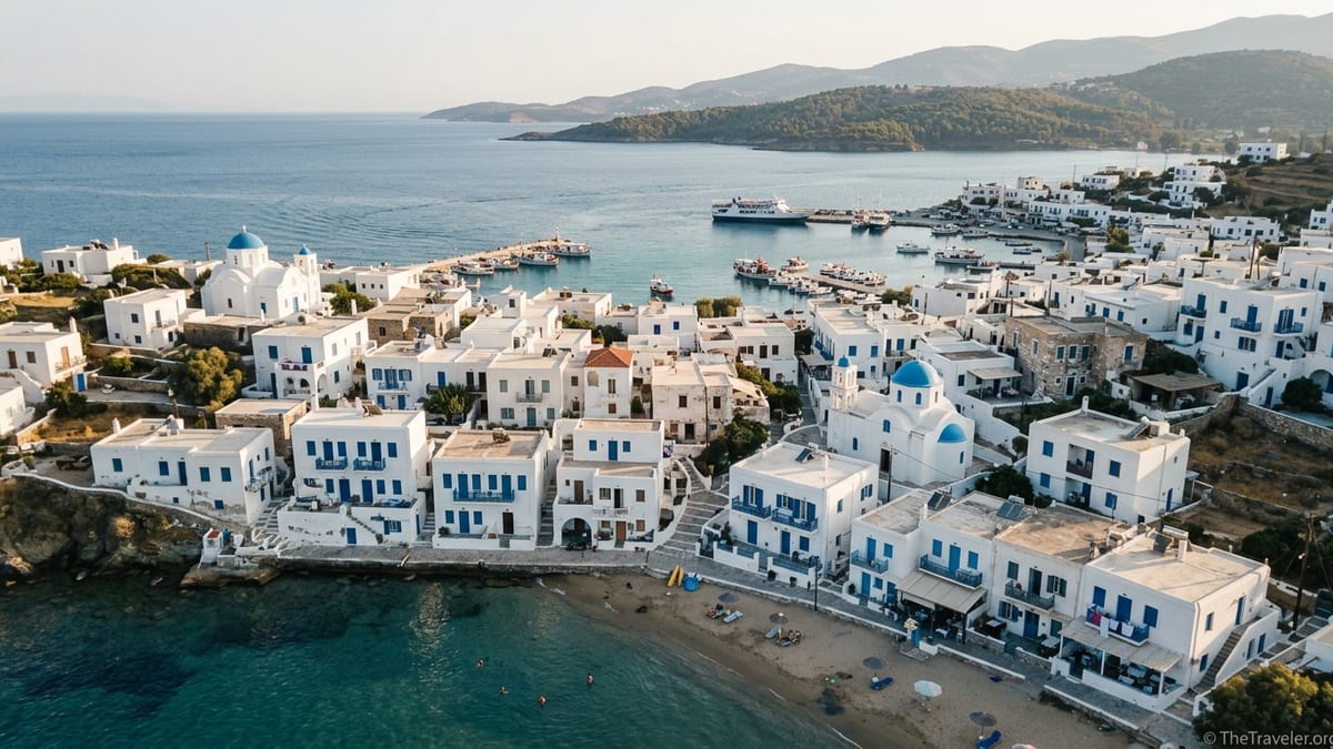 Aerial view of a whitewashed Greek island village descending to a sandy beach and turquoise bay at golden hour.