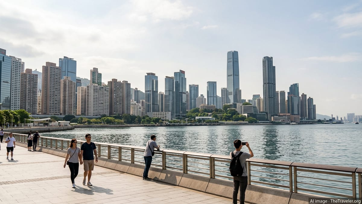 View of Hong Kong Island skyline from Tsim Sha Tsui promenade on a bright day