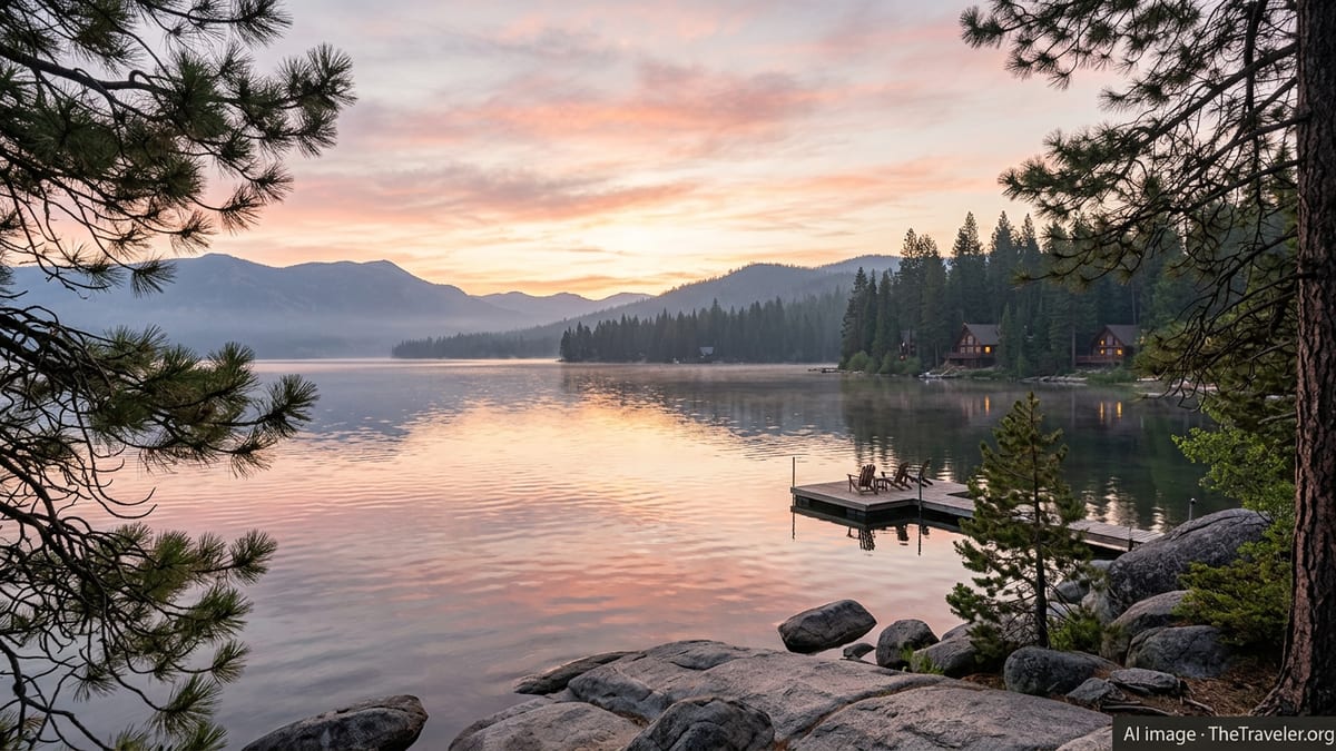 Sunrise over Payette Lake in McCall, Idaho, with pine trees, calm water, and distant mountains.