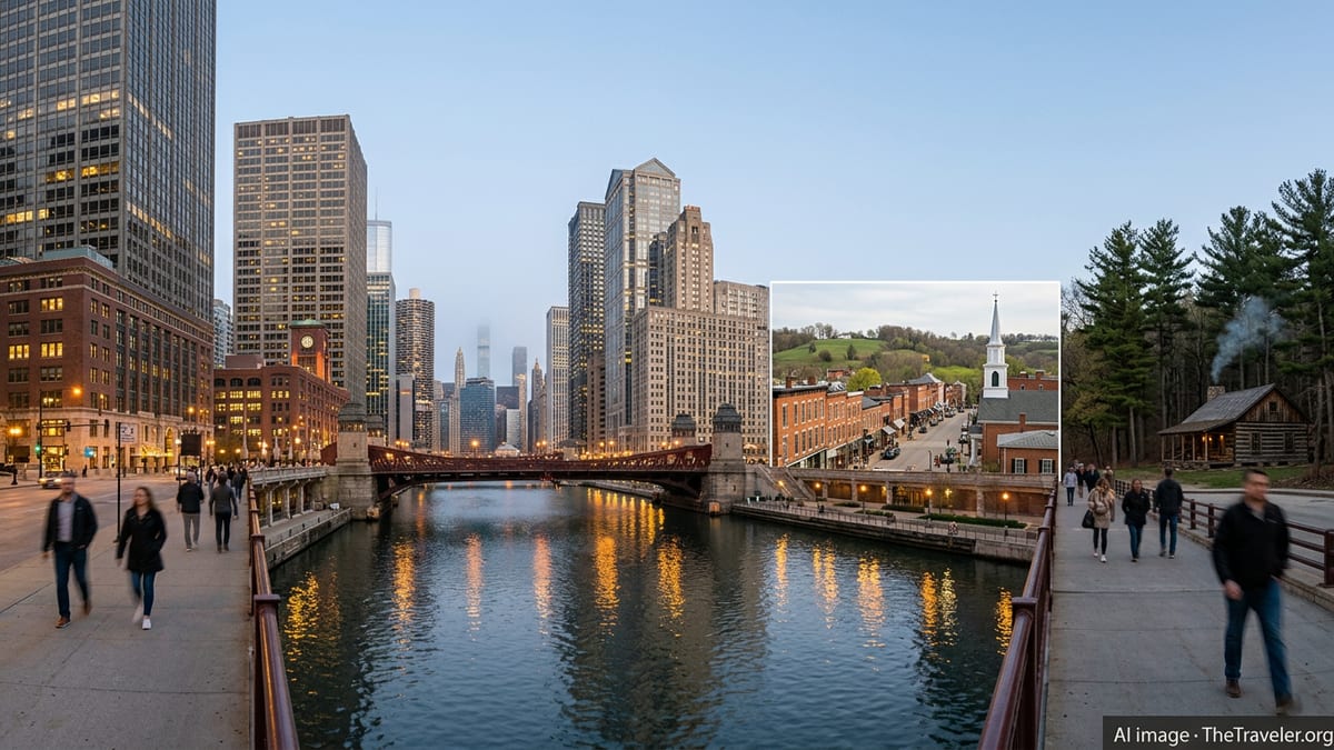 Chicago riverfront at blue hour fading into Illinois hills with a small historic town and a distant forest cabin.