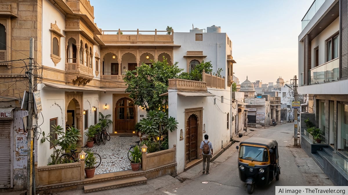 Rajasthani heritage haveli and boutique hotel on a quiet Indian street at dawn.
