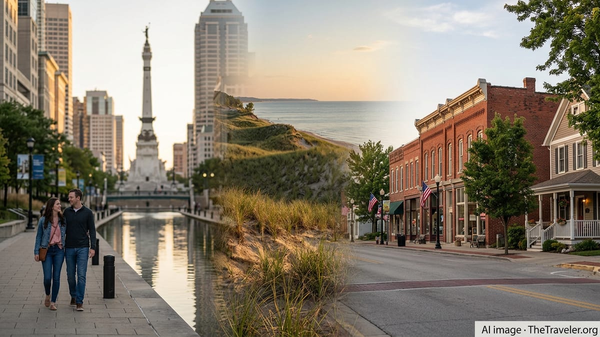 Indianapolis skyline, Lake Michigan dunes, and a small Indiana town main street at golden hour.