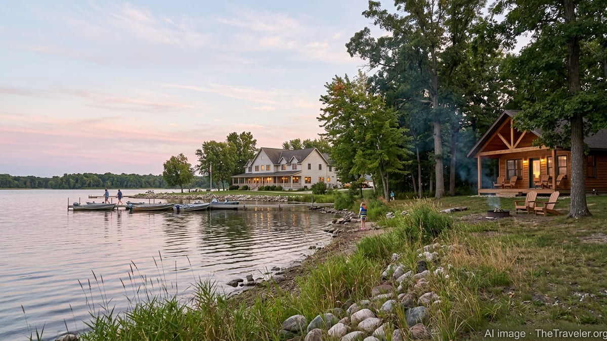 Lakeside inn and wooded cabin on a calm Iowa lake at sunset.