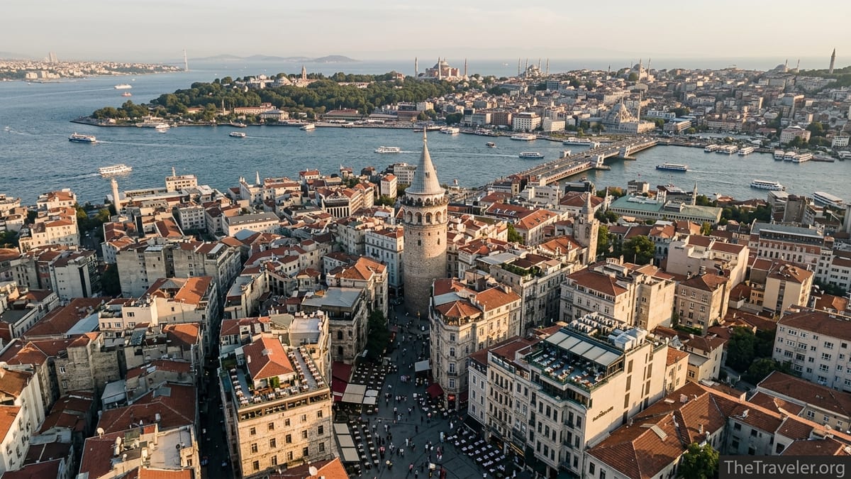 Aerial view of Istanbul showing Galata, Sultanahmet skyline and the Bosphorus at sunset.