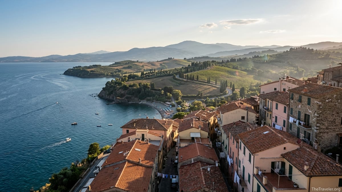 Italian coastal village above the sea with vineyards and hills in late afternoon light.