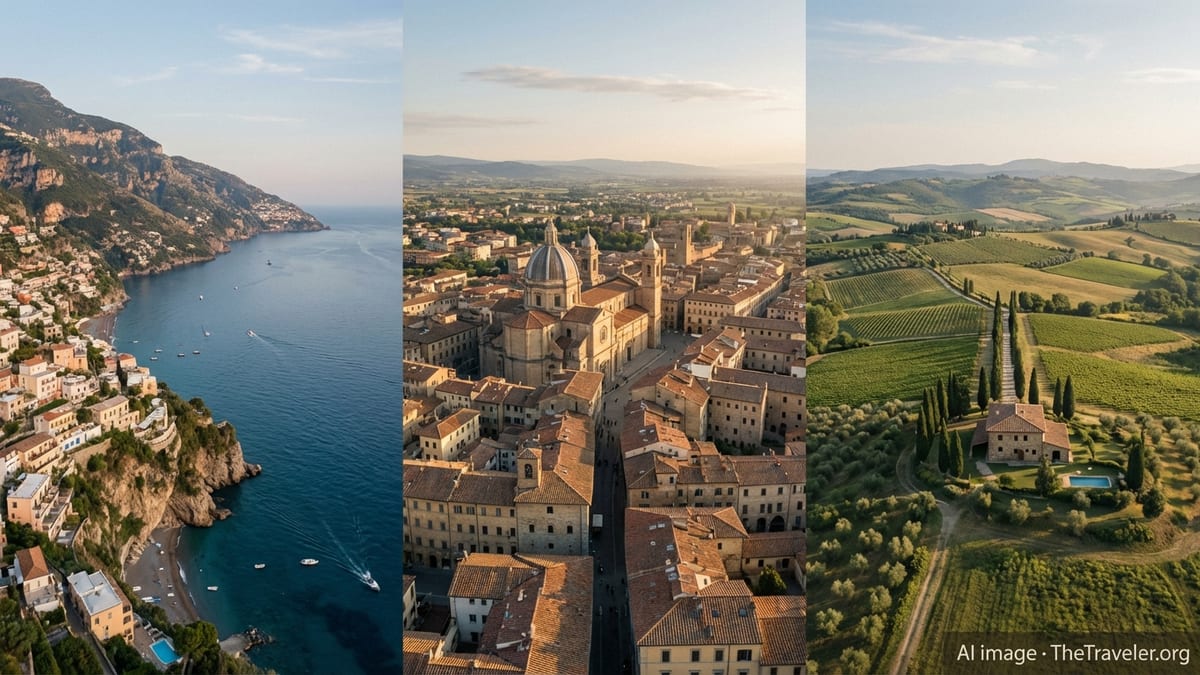 Aerial view of Italian coast, city rooftops, and rolling countryside in one panorama.