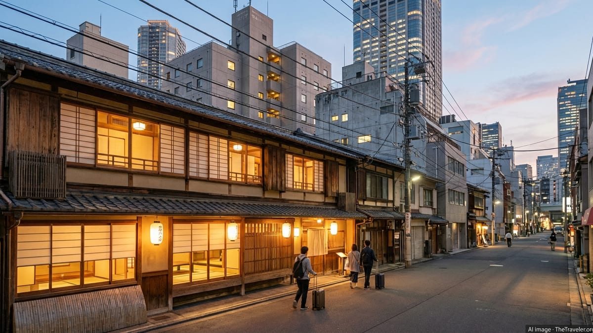 Japanese street at blue hour with a traditional ryokan and modern hotels in the background.
