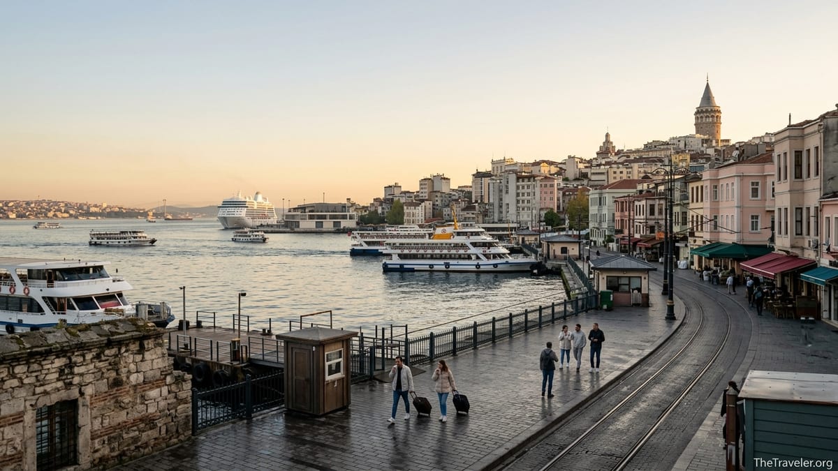 Early morning view of Karaköy waterfront in Istanbul with Galata Tower, ferry piers and Galataport cruise ship.