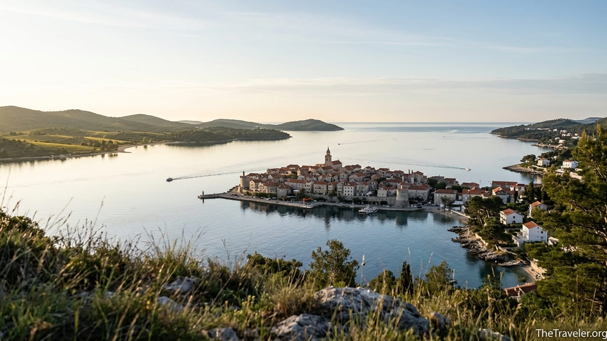 Sunrise view over Korčula Town peninsula and surrounding bays on Korčula island, Croatia.