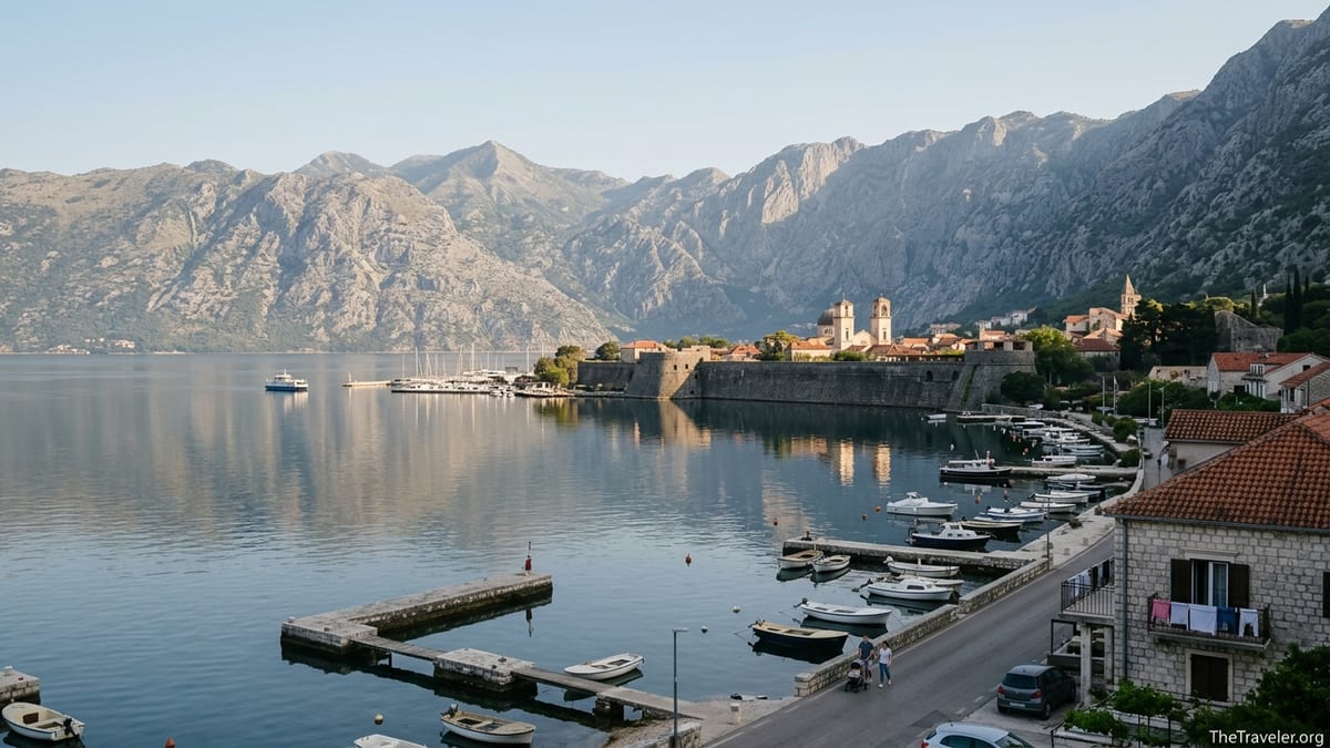 Bay of Kotor sunrise view over Dobrota and Kotor Old Town with mountains and calm water.