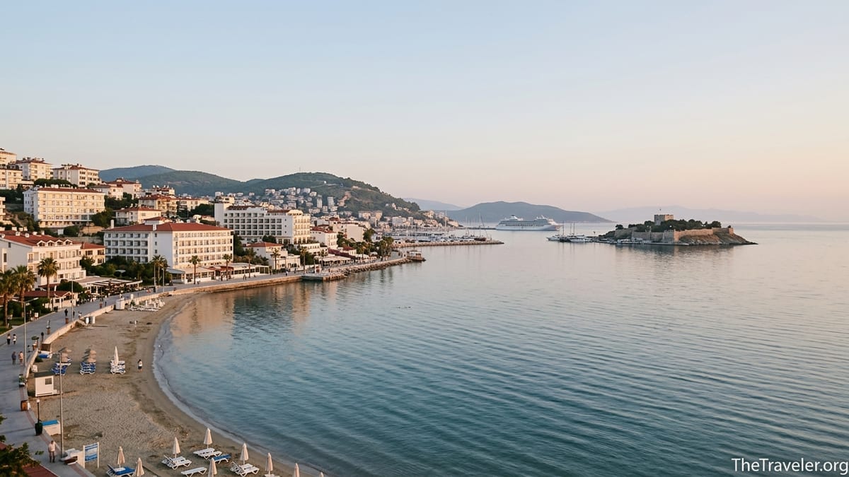 Sunrise over Kusadasi bay with Ladies Beach, town center and marina on the Aegean Sea.