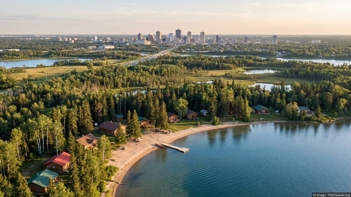 Aerial view of a Manitoba lakeside cabin community with forest leading toward Winnipeg skyline at sunset.
