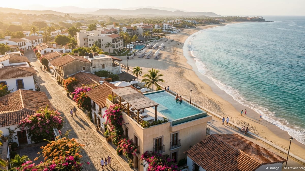 Mexican coastal town with colorful houses, boutique hotels, and a curving sandy beach at sunset.