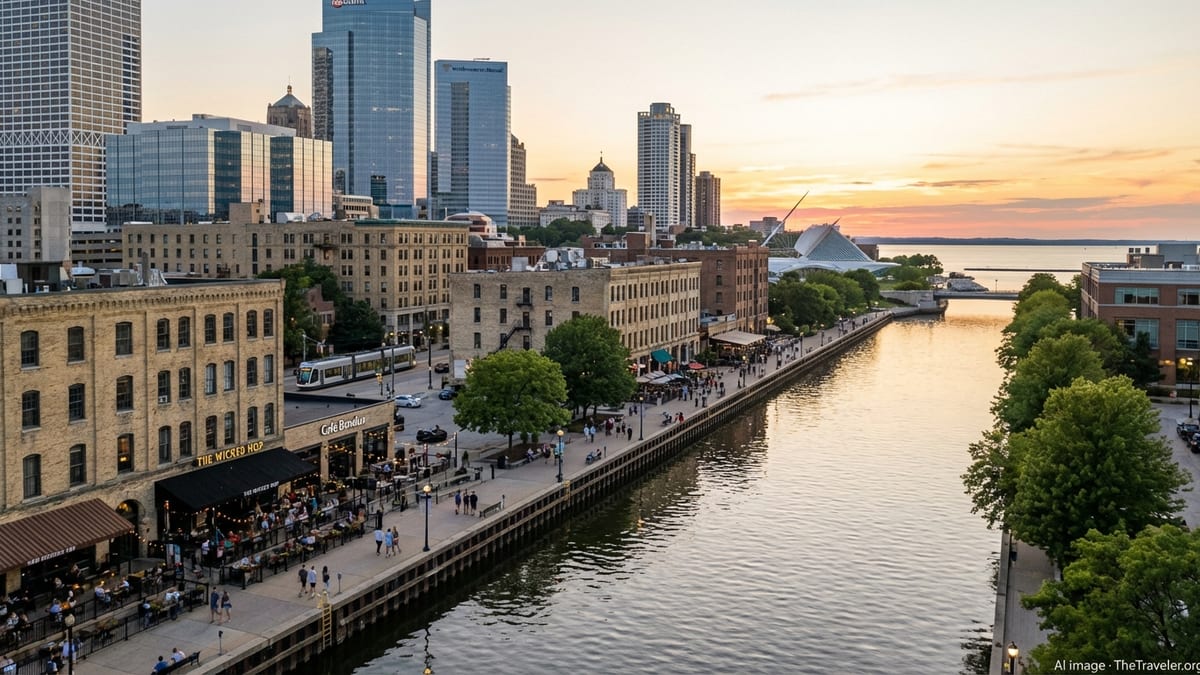 Milwaukee riverfront and downtown skyline near the Historic Third Ward at sunset.