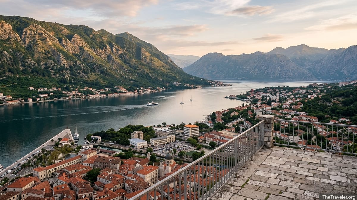 View over Kotor old town and Bay of Kotor at sunset with mountains and boats.