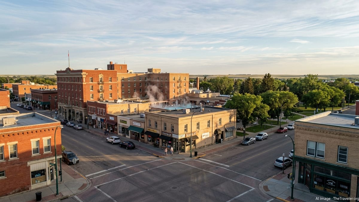 Early evening view of downtown Moose Jaw hotels and historic buildings near Crescent Park.