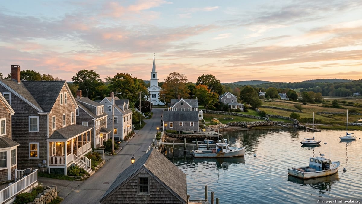New England harbor town at sunset with shingled inns, boats, and distant stone-walled hills.