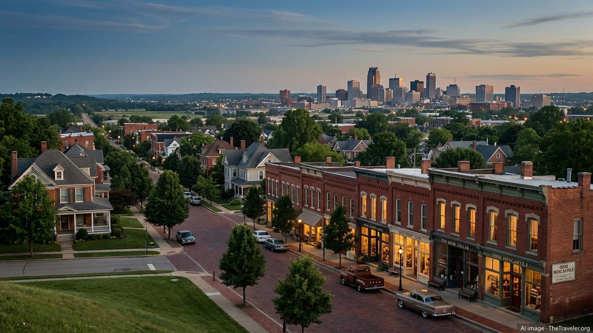 Ohio brick main street at golden hour with distant city skyline under soft summer light.