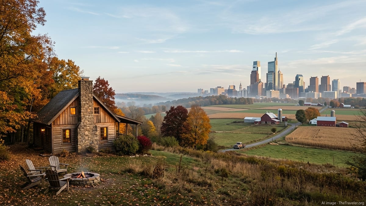 Autumn hillside cabin in the Poconos overlooking rolling fields with the distant Philadelphia skyline at sunset.