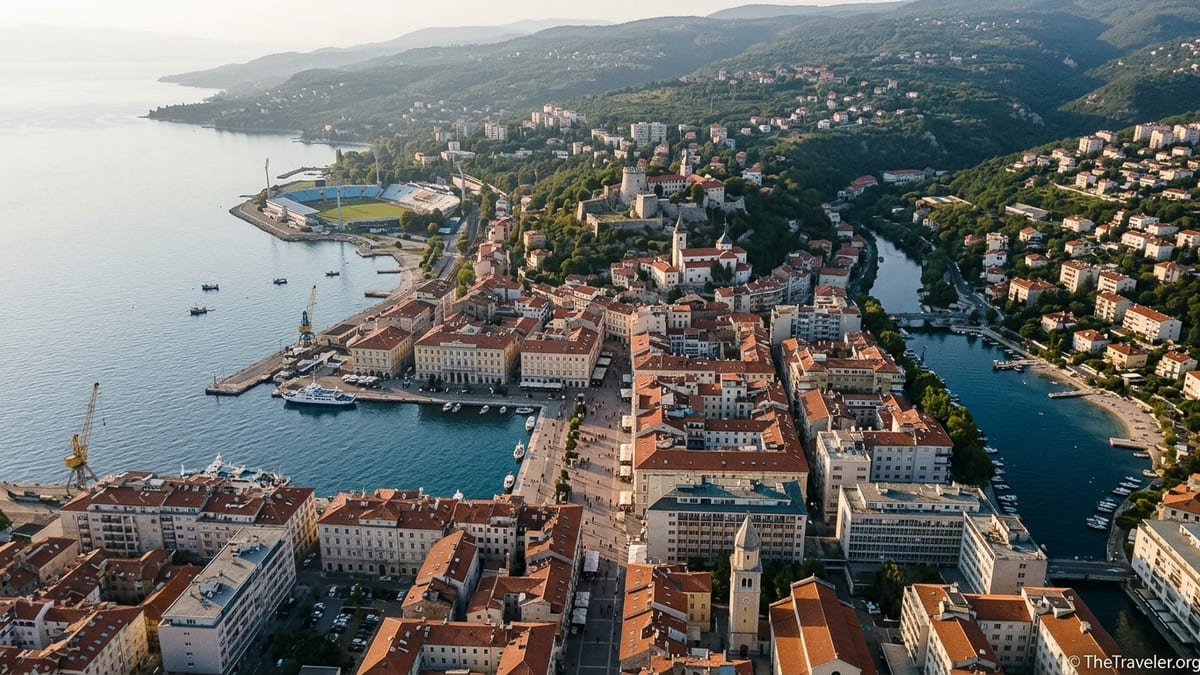 Aerial view of Rijeka city center and coast at golden hour in Croatia.
