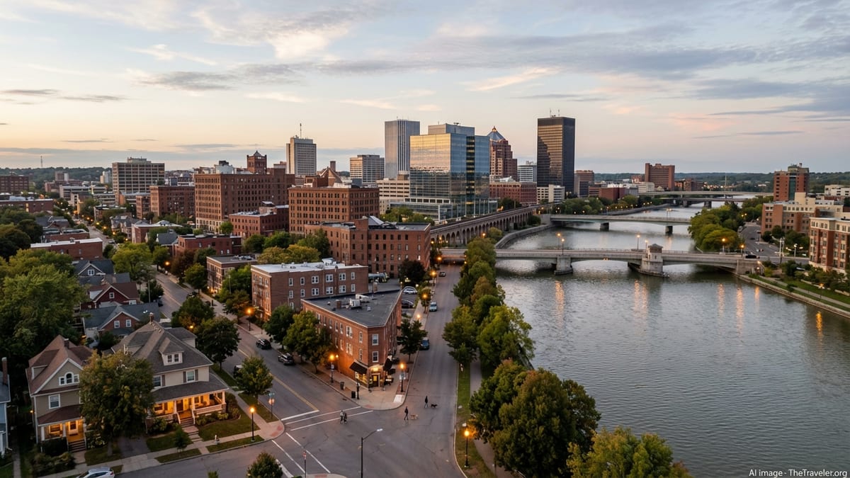 Early evening skyline of downtown Rochester NY and surrounding neighborhoods by the Genesee River.