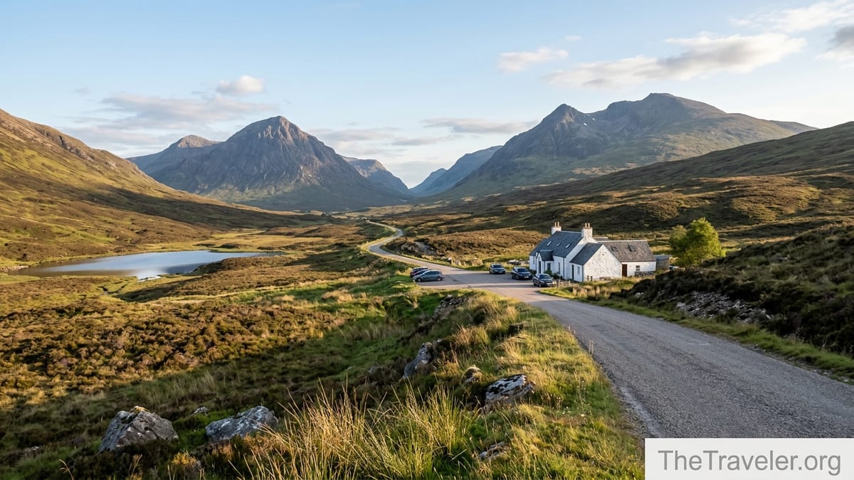 Scottish Highlands valley with road, loch and inn in soft evening light.