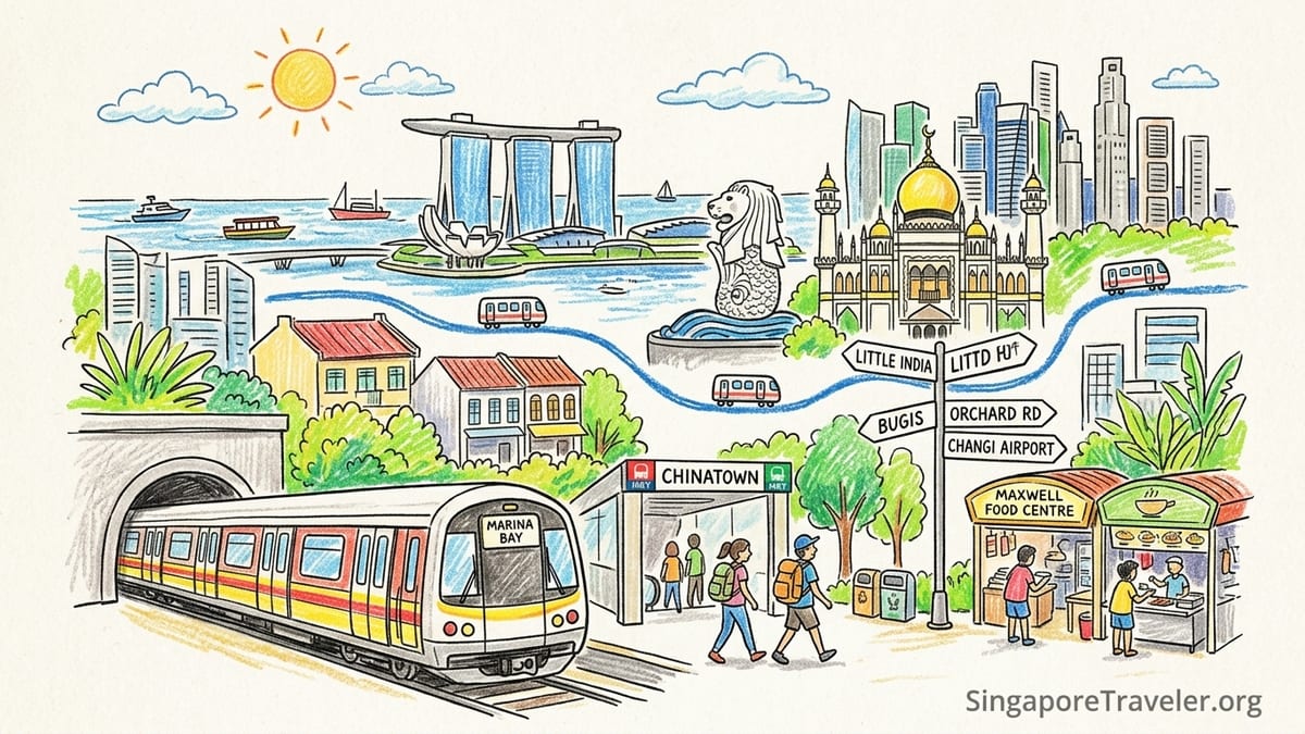 View over Singapore River toward Marina Bay skyline with Clarke Quay shophouses at sunset.
