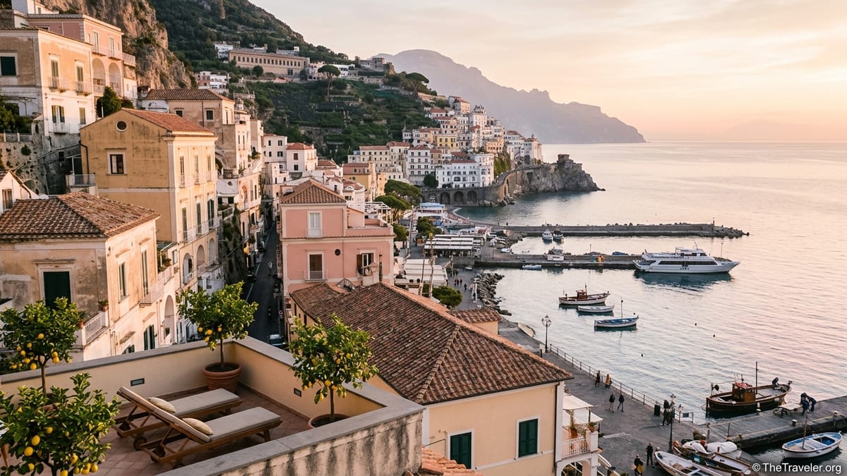 Sunrise over a terraced coastal town in Southern Italy with sea views and hotel terrace.