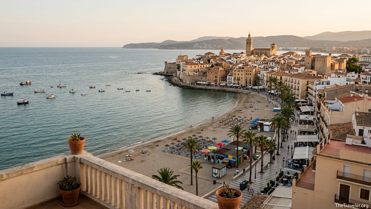 Mediterranean beach and historic Spanish city at sunset viewed from a terrace