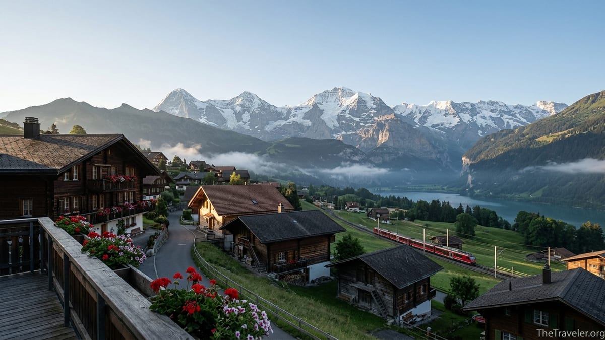 Swiss alpine village near Interlaken at sunrise with chalets, train and snow-capped peaks.
