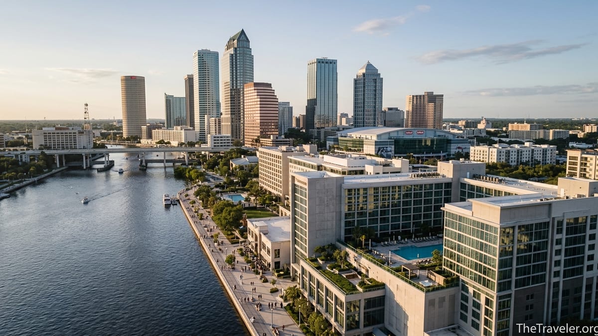 Aerial view of Downtown Tampa and Water Street along the river at golden hour.
