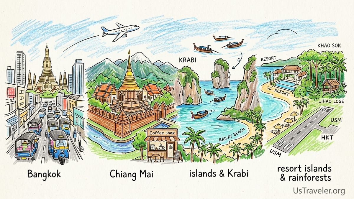 Bangkok riverfront at dusk with a longtail boat and softly lit hotels, capturing Thailand’s city-to-beach travel mood.