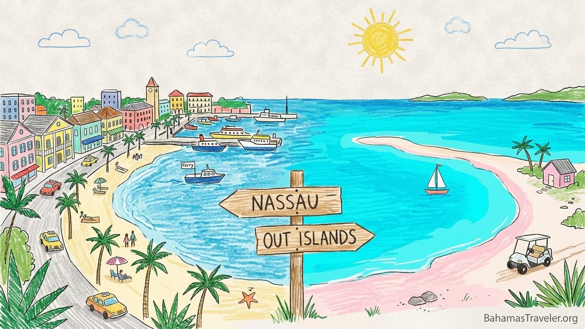 Golden-hour Bahamas dock with a small ferry, travelers with luggage, a taxi van, and golf carts near turquoise water.